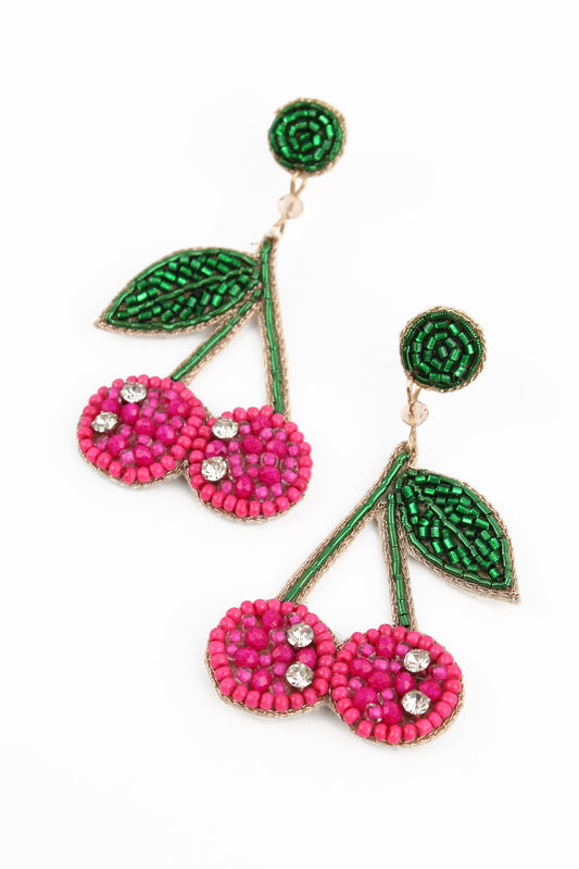 Pink Cocktail Cherry Beaded Earrings
