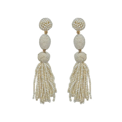 Ivory Woven Ball Tassel Earrings
