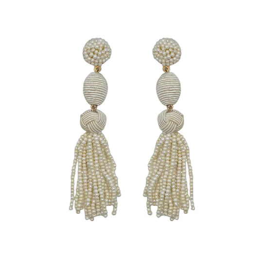Ivory Woven Ball Tassel Earrings