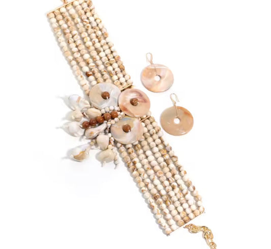 Island Girl Exaggerated Beads & Buttons Choker Necklace Set In Cream