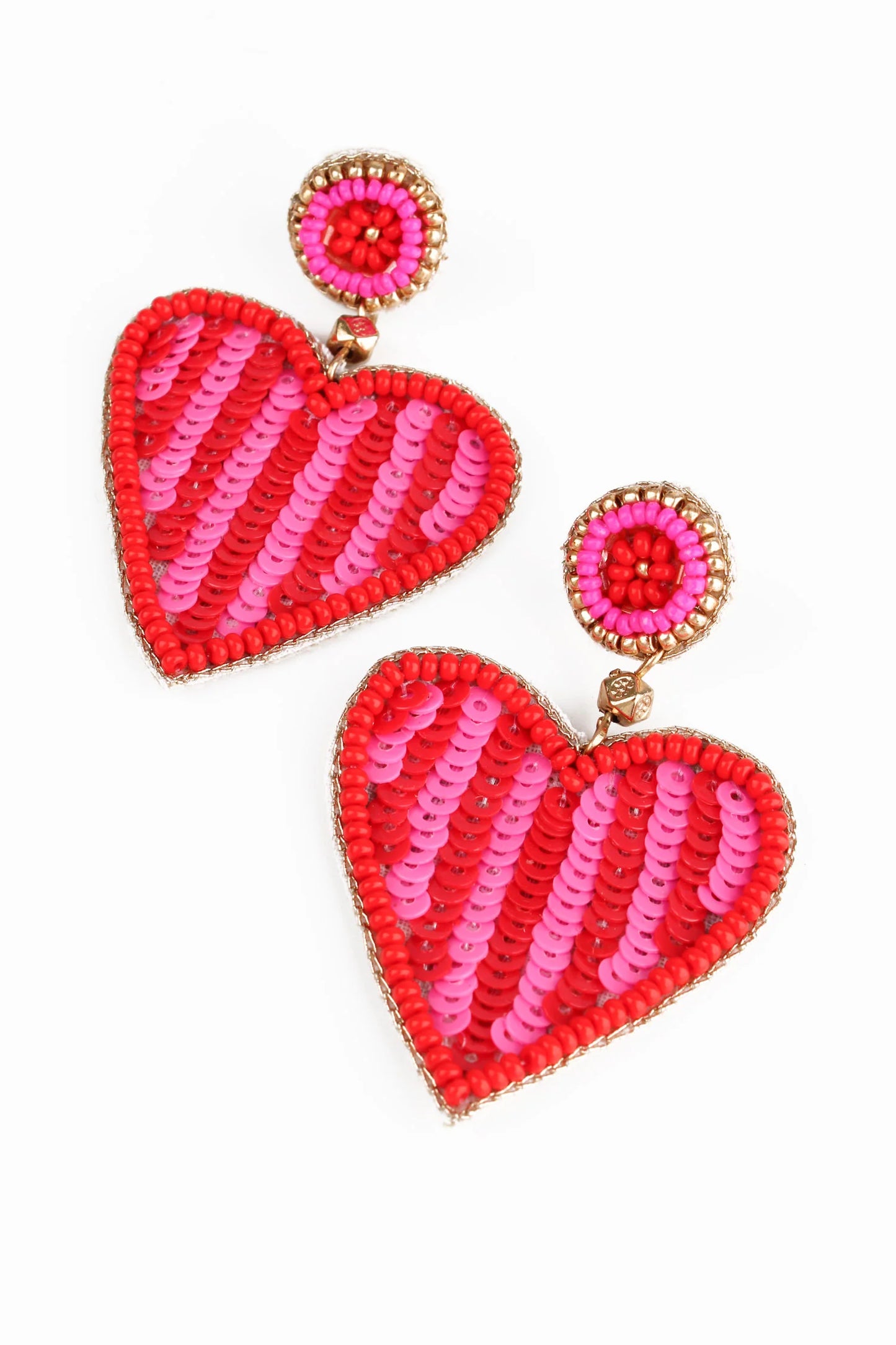 RED & PINK STRIPE BEADED HEART EARRINGS - Galentines Collection X