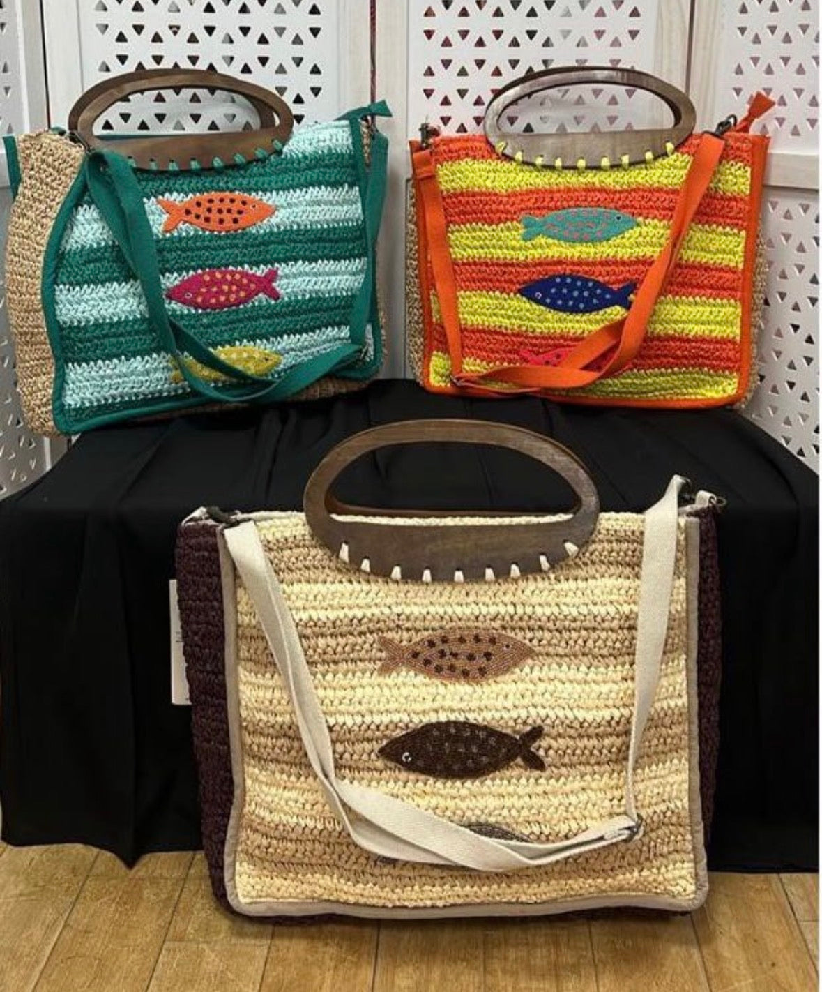 Pisces Raffia Tote Bags with Cross Body Strap