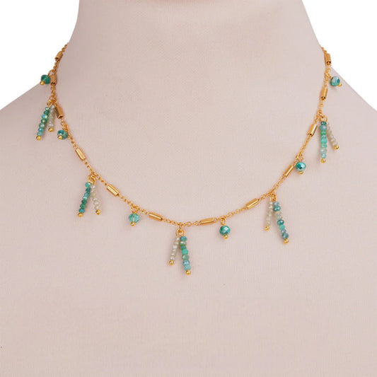 Short Bronze & Aqua Crystal Spike Ball Chain & Tube Necklace