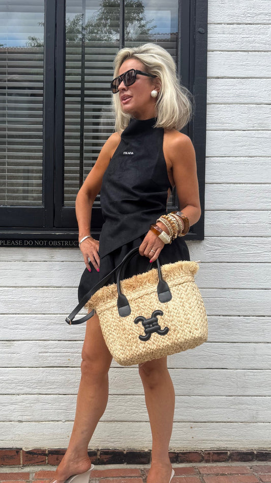 Cici Raffia Mini Tote Bags In Black or Tan Logo