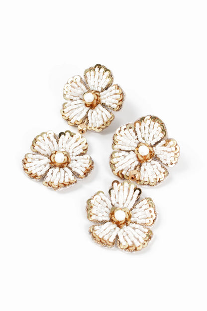 Pearl & Gold Flower Double Drop Earrings