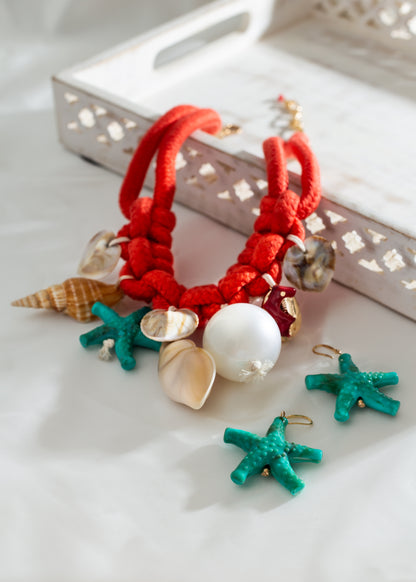 Island 🏝️ Girl Shell & Pearl Rope & Starfish Earrings Set Orange