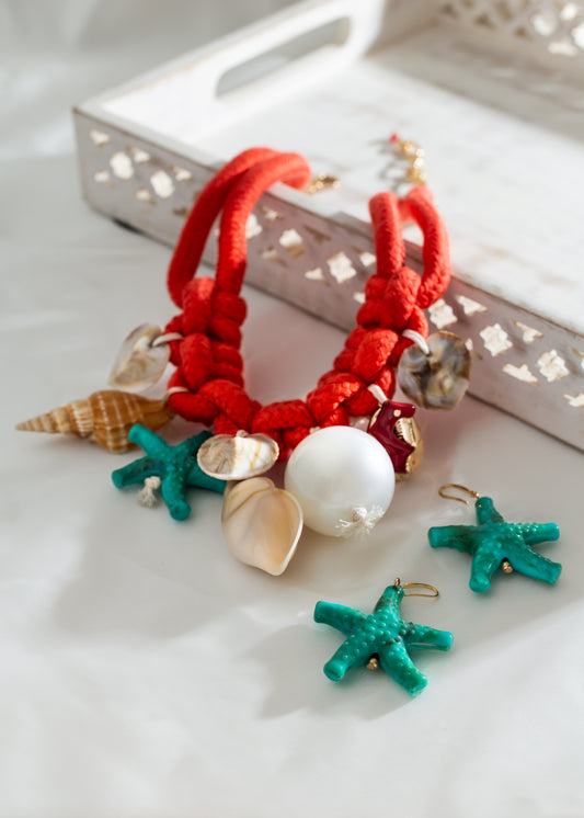 Island 🏝️ Girl Shell & Pearl Rope & Starfish Earrings Set Orange