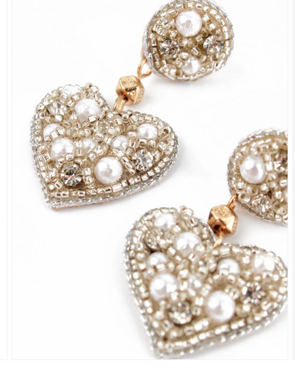 SILVER AND PEARL SMALL HEART DROP EARRINGS - Galentines Collection X