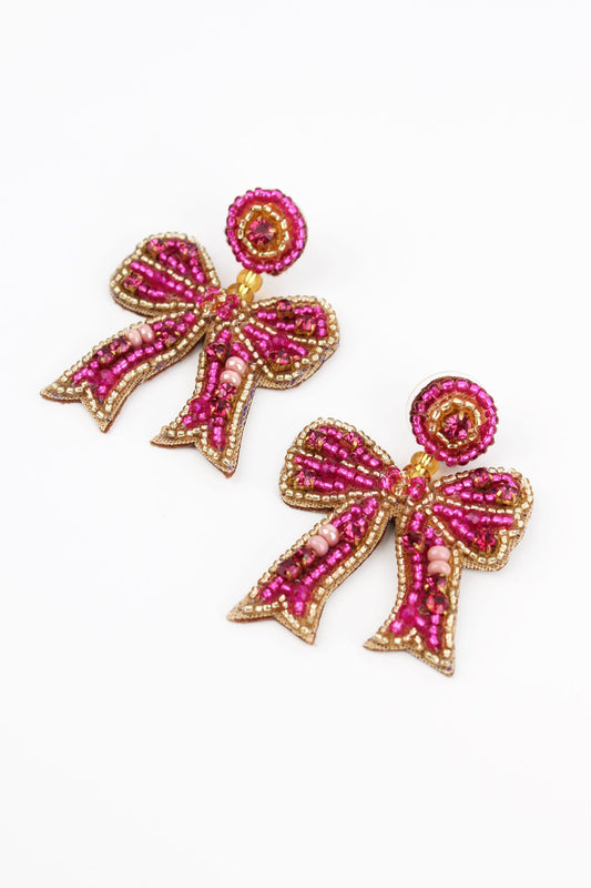 Pink Shimmer Bow Drop Earrings