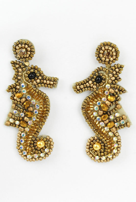 Luxe Beaded Seahorse Earrings in Gold