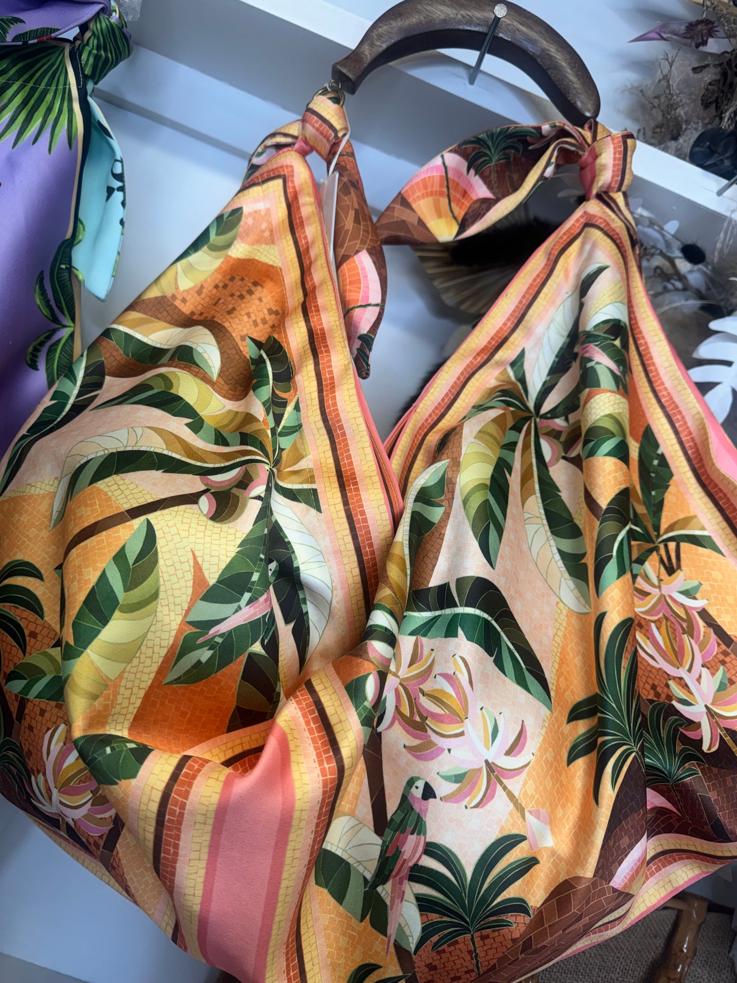 Tropical Silk Scarf Bag with Wooden Fish Handle