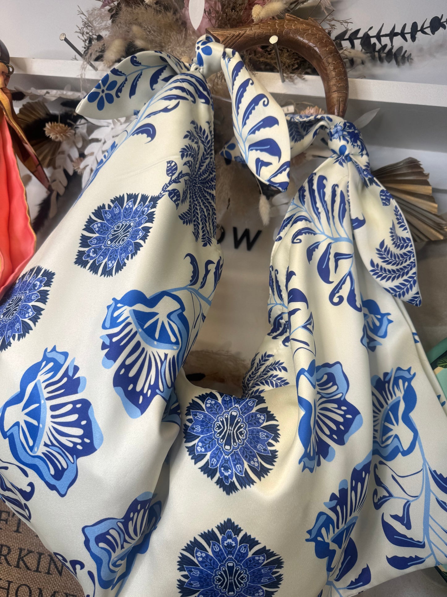 Tropical Silk Scarf Bag with Wooden Fish Handle