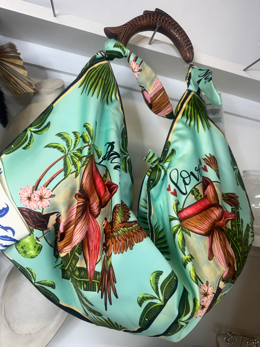 Tropical Silk Scarf Bag with Wooden Fish Handle