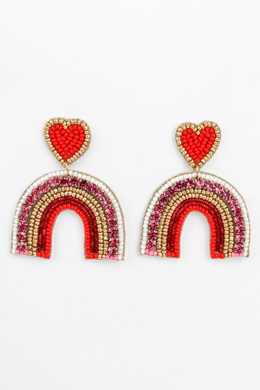 Red Beaded Rainbow Heart Earrings