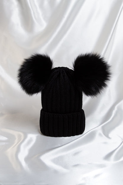 Kids Soft Black Double Pom Pom Hat