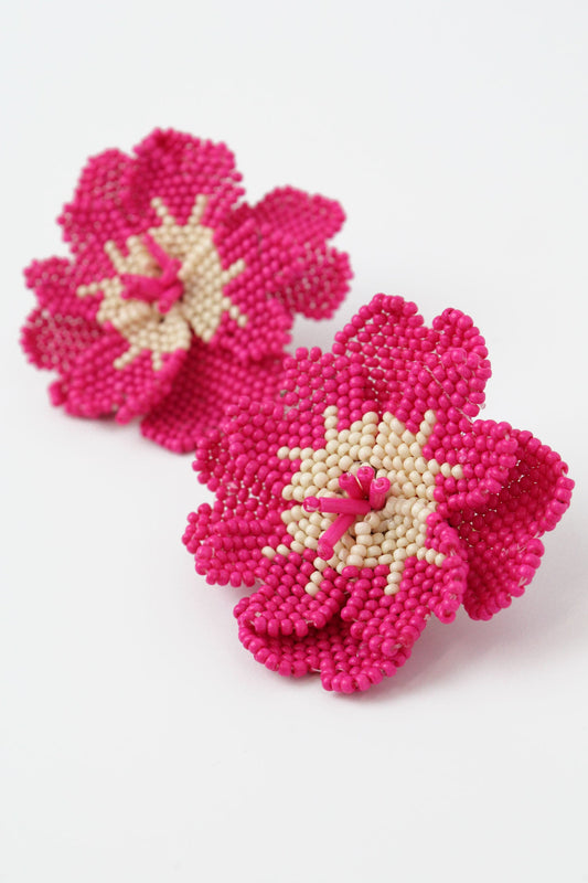Hot Pink Hibiscus Flower Earrings In Fuchsia & Coral Pink