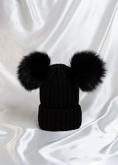 Adults Black With Black Soft Double Pom Pom Hat