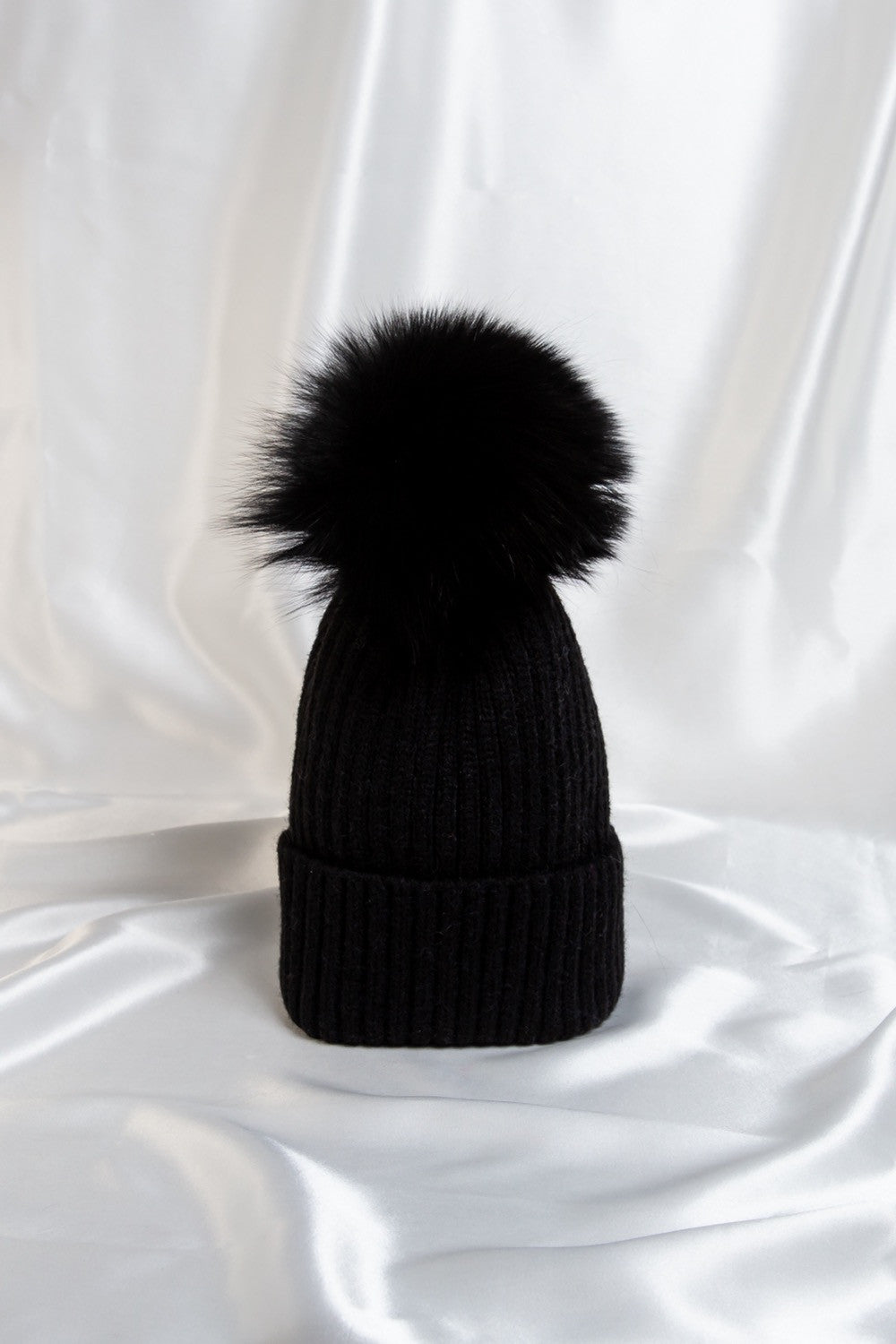 Adults Single Black With Black Soft Pom Pom Hat