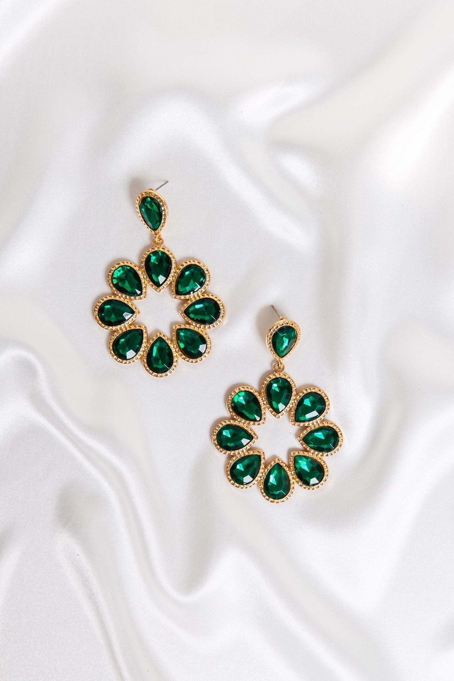 Emerald & Gold Hooped Halo Flower Earrings