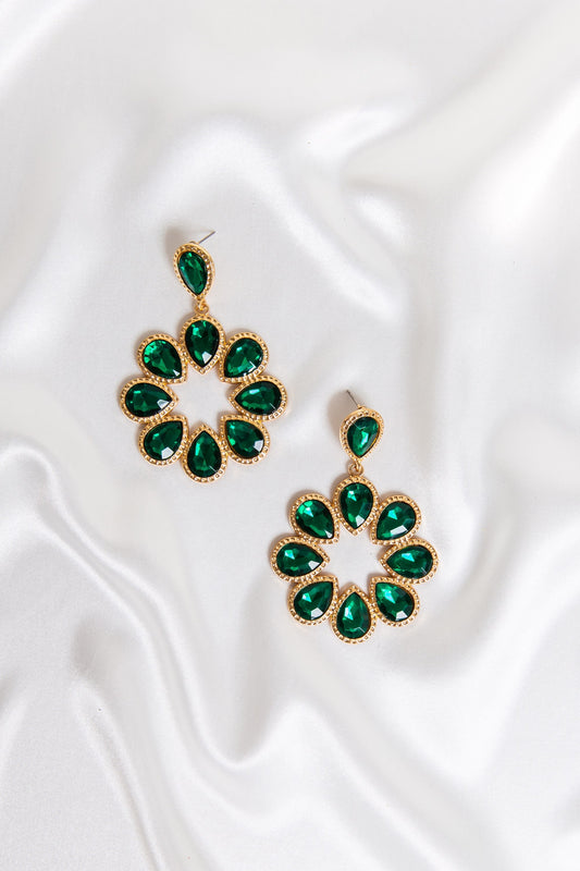 Emerald & Gold Hooped Halo Flower Earrings