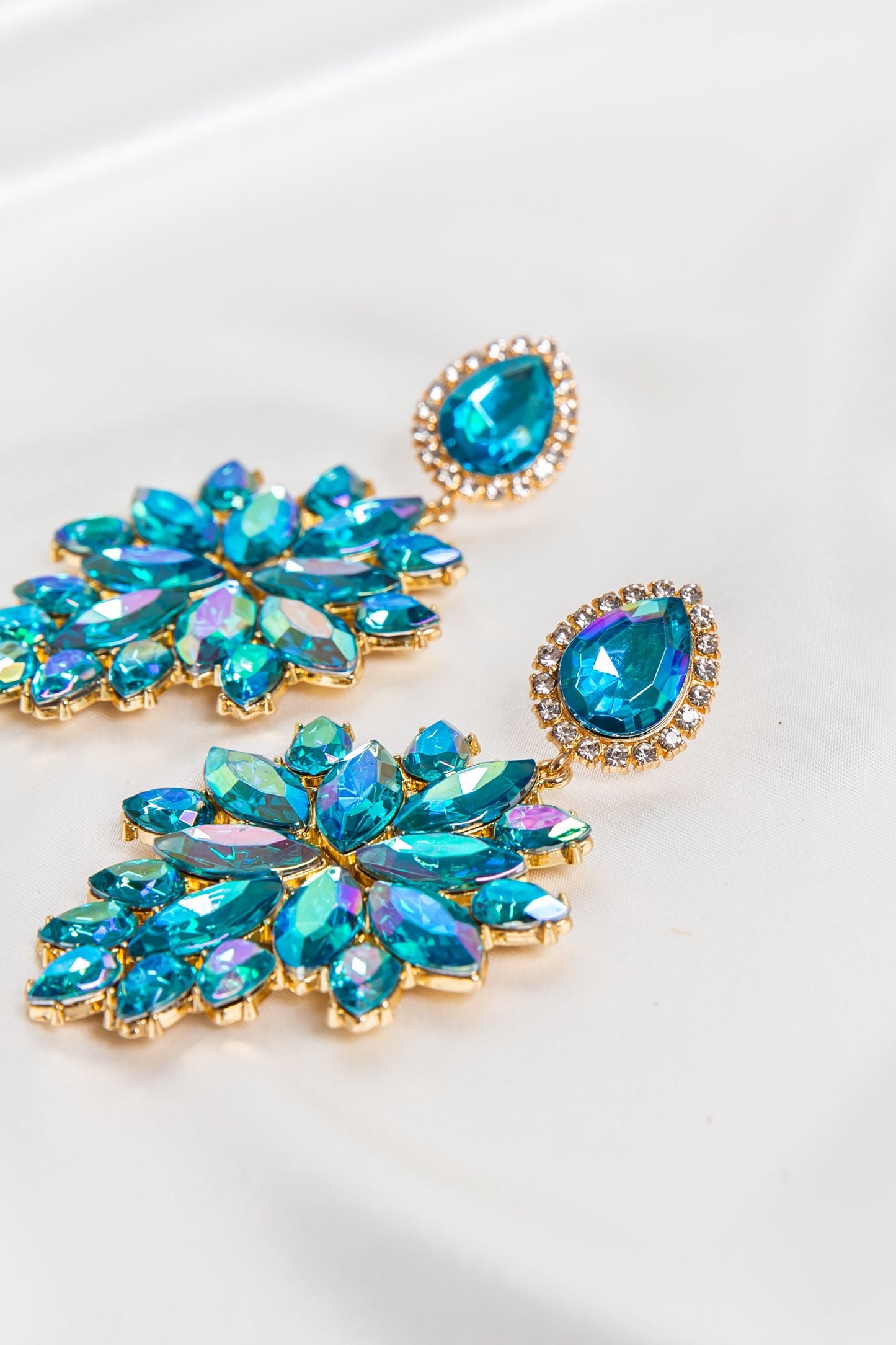 Turquoise Blue Crystal Leaf Statement Earrings