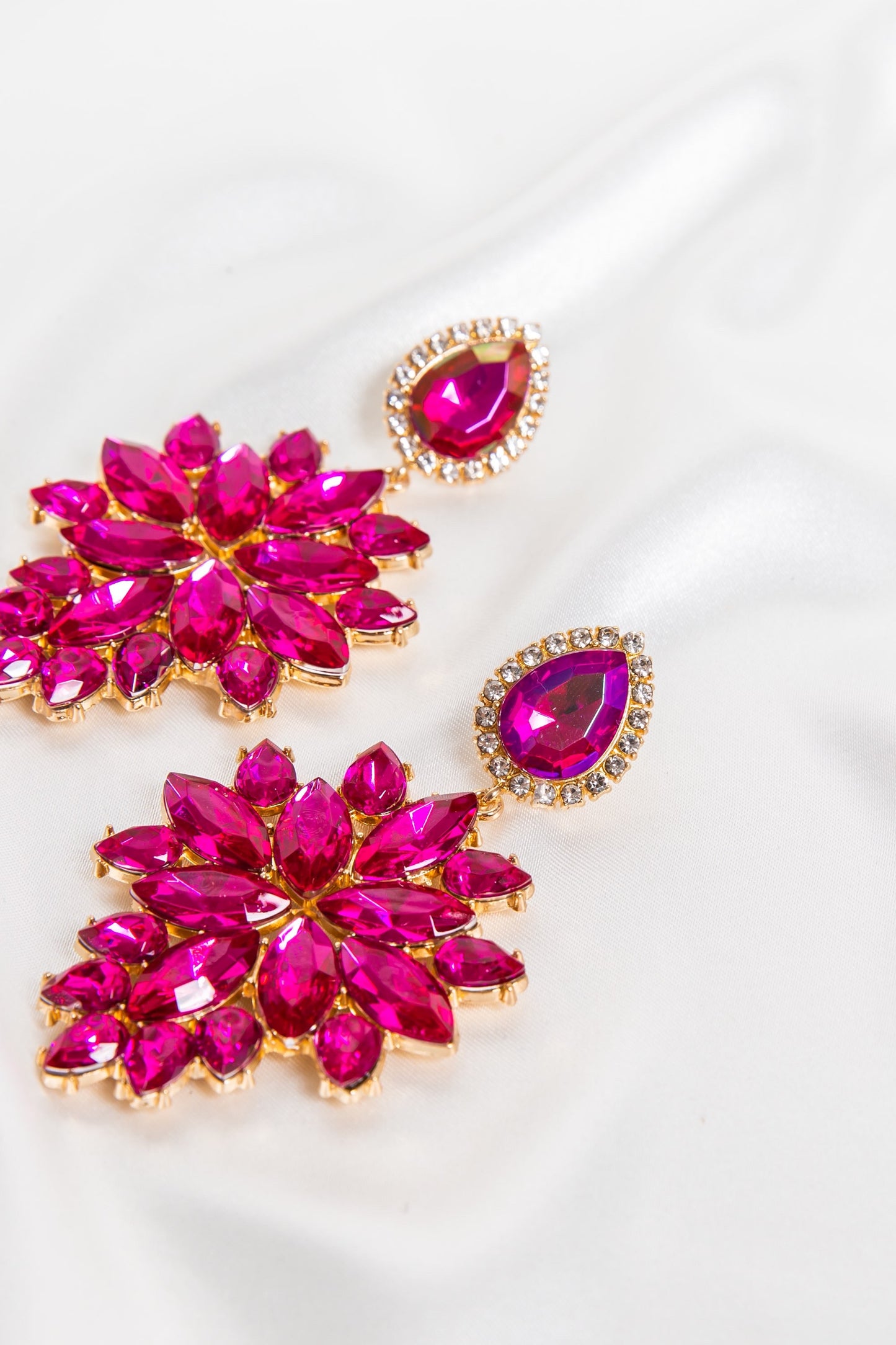 Fushcia Pink Crystal Leaf Drop Earrings