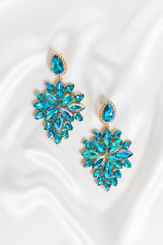 Turquoise Blue Crystal Leaf Statement Earrings