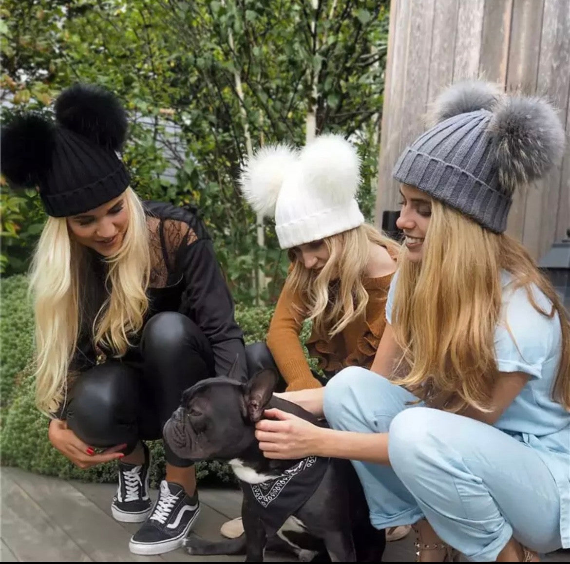 Black double pom pom hat online