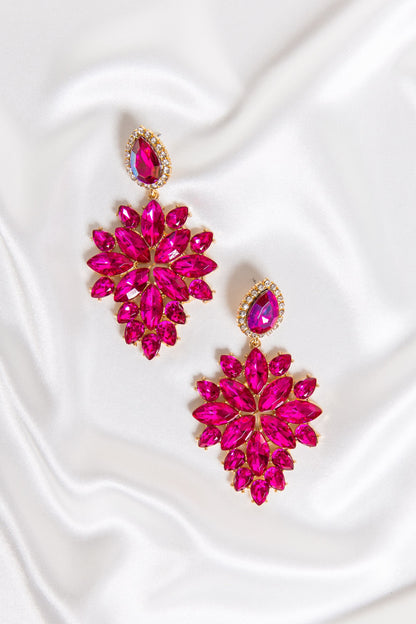 Fushcia Pink Crystal Leaf Drop Earrings