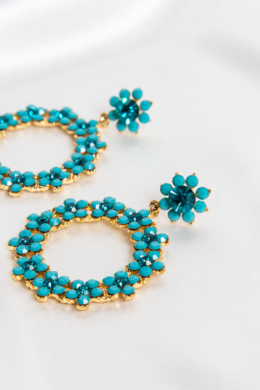 Elizabeth Flower Hoop Drop Earrings-Turquoise