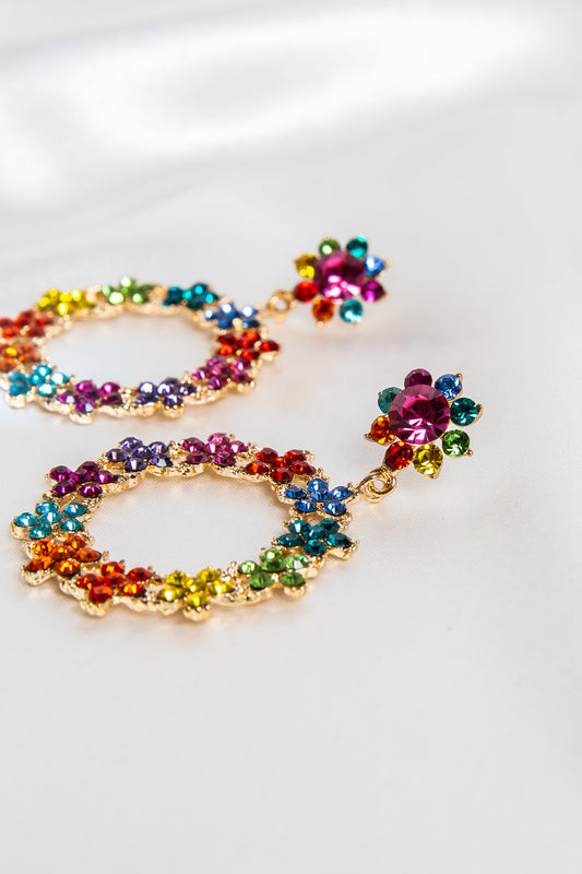 Elizabeth Flower Hoop Drop Earrings-Multi Colour