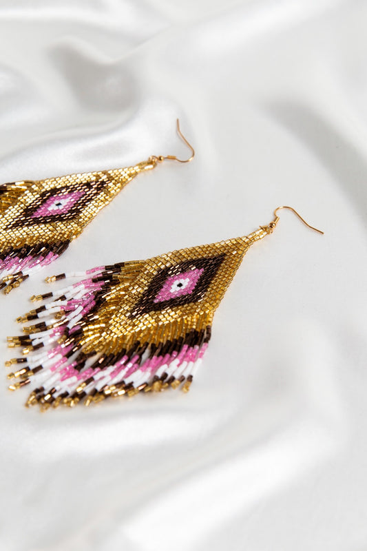 Shoulder Duster Earrings In Gold & Pink