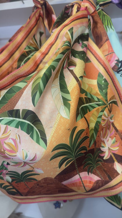 Tropical Silk Scarf Bag with Wooden Fish Handle